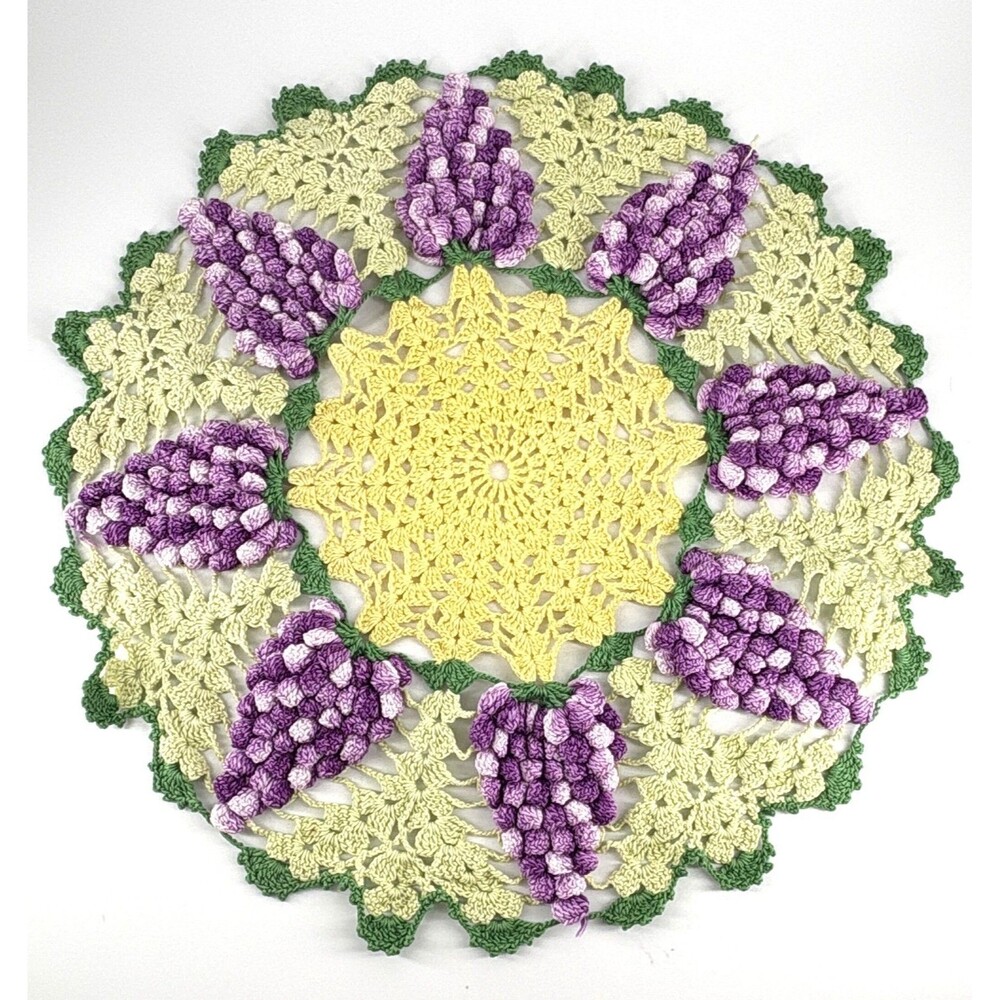 Vintage Handmade Crochet Doily – 3D Purple Grape Cluster Design, 14" Round